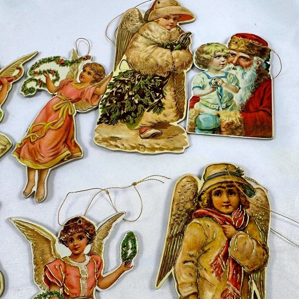 Vintage 70s 80s Merrimack Victorian Style Paper Christmas Ornaments Set 9pc